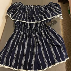 Blue and white off the shoulder romper, NWT